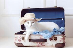 Funny white cat in a hat lying in an open suitcase among summer clothes. Summer vacation concept. AI generated. photo