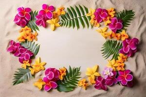 Tropical flowers on the sand with copy space, beige background. . photo