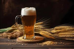 Glass of light wheat beer and ears and grains of wheat on wooden table, dark background with copy space. . photo