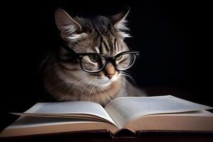 gato en el lentes leyendo un libro en negro antecedentes. ai generado. foto