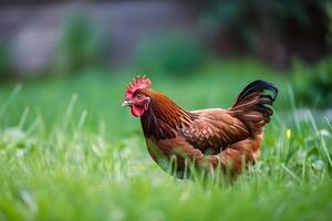 Chicken on the grass with copyspace. Agriculture and farming concept. . photo