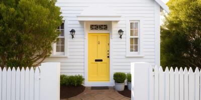 un pequeño blanco casa con amarillo puerta ai generado foto