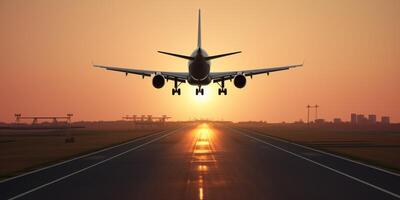 Plane on a runway with sky in the background photo