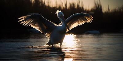 Pelican stands over the water photo