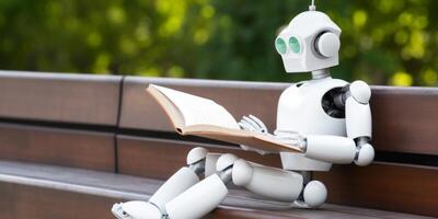 Android robot reads a book on the bench photo