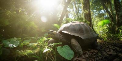 A tortoise in the jungle with a sunshine photo