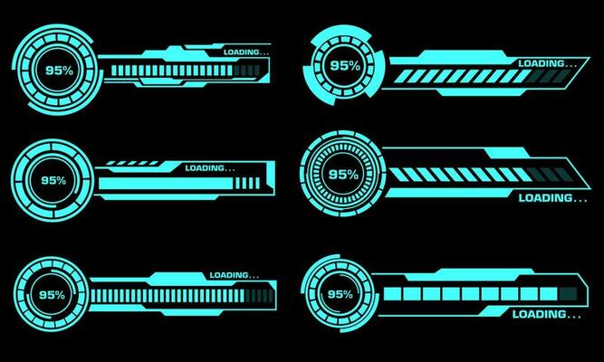 Set of HUD modern loading progress bars user interface elements design technology cyber blue on black futuristic vector