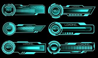 Set of HUD modern loading progress bars user interface elements design technology cyber blue on black futuristic vector