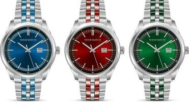 realista reloj reloj cronógrafo azul rojo verde plata acero colección diseño lujo Moda objeto para hombres en blanco antecedentes vector