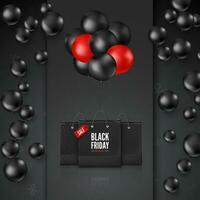 Black Friday Poster with Discount Offer. Black and red balloons with shopping bag. Web banner design. Vector