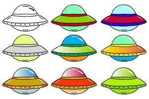 conjunto dibujos animados OVNI extraterrestre avión. OVNI, extraterrestre, ilustración, vector. vector