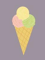 three scoops of delicious ice cream in a waffle cup. vector illustration. element for design
