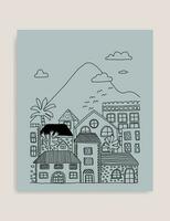 mini town with mountain and cloud in the background doodle hand drawn coloring page vector