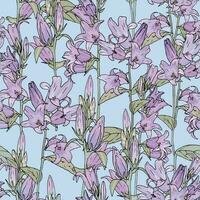 Botanical pattern with lilac bluebell. Floral seamless print with stem harebell. Vintage pattern with flowers on blue background vector