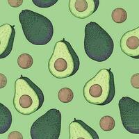 Seamless pattern with cut avocados on light green background. Ripe half of avocado hass with pit vector