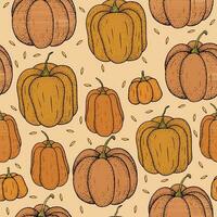 Autumn seamless pattern with different pumpkins and seeds on beige background vector