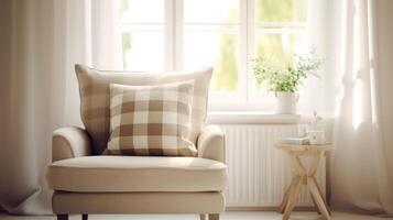 Living room mockup or setup with beige soft chair. Illustration photo