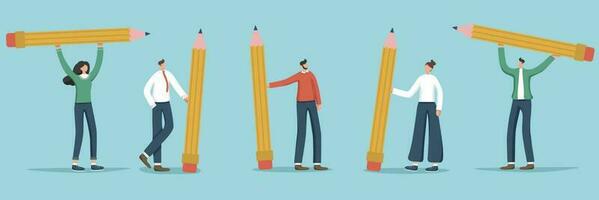 Set of illustrations of random people. The characters are holding huge pencils in their hands. User experience concept. Drawing, writing, creating, design, blogging concept. Vector illustration.