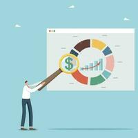 Share of company share ownership or investment profit in business, financial planning, market distribution analysis, project cost estimation, budgeting, man with magnifier near pie segment chart. vector