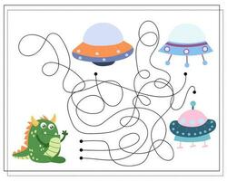 Maze, an educational game for children. Find the way from the cartoon monster to the flying saucer. Vector illustration on a white background