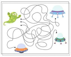 Maze, an educational game for children. Find the way from the cartoon monster to the flying saucer. Vector illustration on a white background