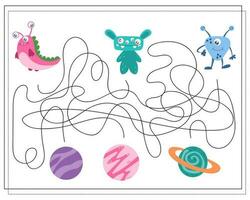 Maze, an educational game for children. Find the way from the cartoon monster to the flying saucer. Vector illustration on a white background