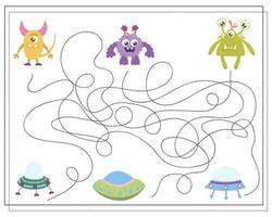 Maze, an educational game for children. Find the way from the cartoon monster to the flying saucer. Vector illustration on a white background