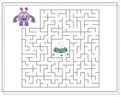 Maze, an educational game for children. Find the way from the cartoon monster to the flying saucer. Vector illustration on a white background