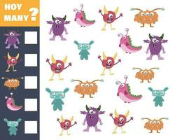 Counting game for preschool children. Educational math game. Count how many monsters there are and record the result vector