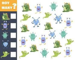 Counting game for preschool children. Educational math game. Count how many monsters there are and record the result vector