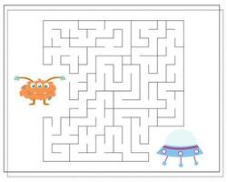 Maze, an educational game for children. Find the way from the cartoon monster to the flying saucer. Vector illustration on a white background