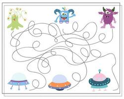 Maze, an educational game for children. Find the way from the cartoon monster to the flying saucer. Vector illustration on a white background