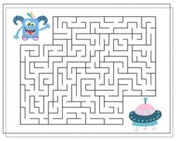 Maze, an educational game for children. Find the way from the cartoon monster to the flying saucer. Vector illustration on a white background