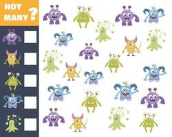 Counting game for preschool children. Educational math game. Count how many monsters there are and record the result vector