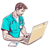 Practitioner in blue scrub top and pants speaking and gesturing isolated doctor medical png