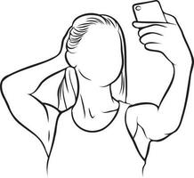 Woman Holding Camera Selfie Line Drawing. vector