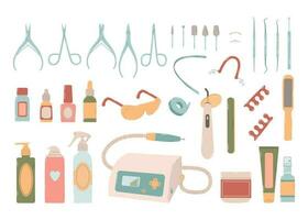 Set of different flacons, sprays, devices, scissors, clippers, instruments, attachments for nail treatments. Design products for podology and pedicure in colorful flat vector illustration.