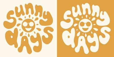 Retro groovy psychedelic lettering Sunny days. Slogan in round shape in vintage style 60s 70s. Trendy groovy print design for posters, cards, tshirts. vector