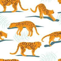 Seamless pattern with leopards. Predatory cats on a natural tropical print. Vector graphics.