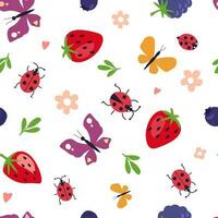 Seamless pattern with a set of fruits and berries, butterflies and ladybugs. Summer ornament with strawberries, cherries, blueberries, blackberries. Vector graphics.