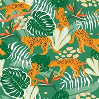 Seamless pattern with leopards in the jungle with palm trees and flowers. Predatory cats on a natural tropical print. Vector graphics.