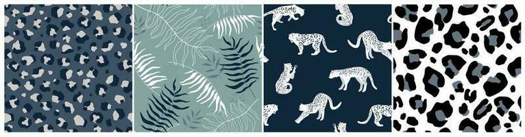 Set of seamless patterns with wild cats leopards, animal print, tropical palm leaves. Vector graphics.