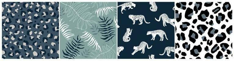 Set of seamless patterns with wild cats leopards, animal print, tropical palm leaves. Vector graphics.