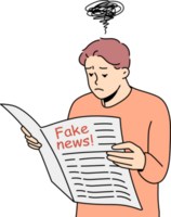 Confused man doubtful about disinformation in newspaper png