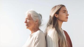 mayor y joven mujer en pie espalda con espalda. ilustración ai generativo foto