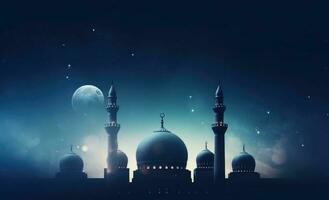 Mosques dome on dark blue twilight sky and crescent moon on background Illustration AI Generative photo