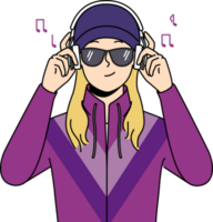 niña en retro ropa escucha a música en auriculares png