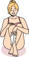 Woman touch legs with soft feather png