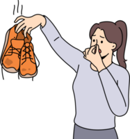 Woman cover nose disgusted with smelly shoes png