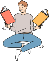 Smiling man floating in air reading books png